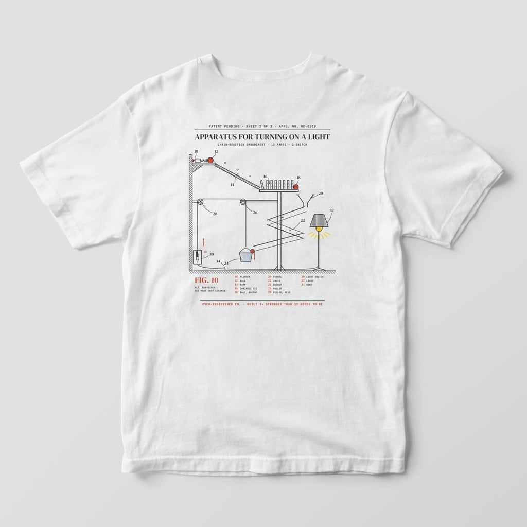 Back of a white Comfort Colors 1717 tee with a vintage patent drawing of a chain-reaction contraption that flips a light switch.