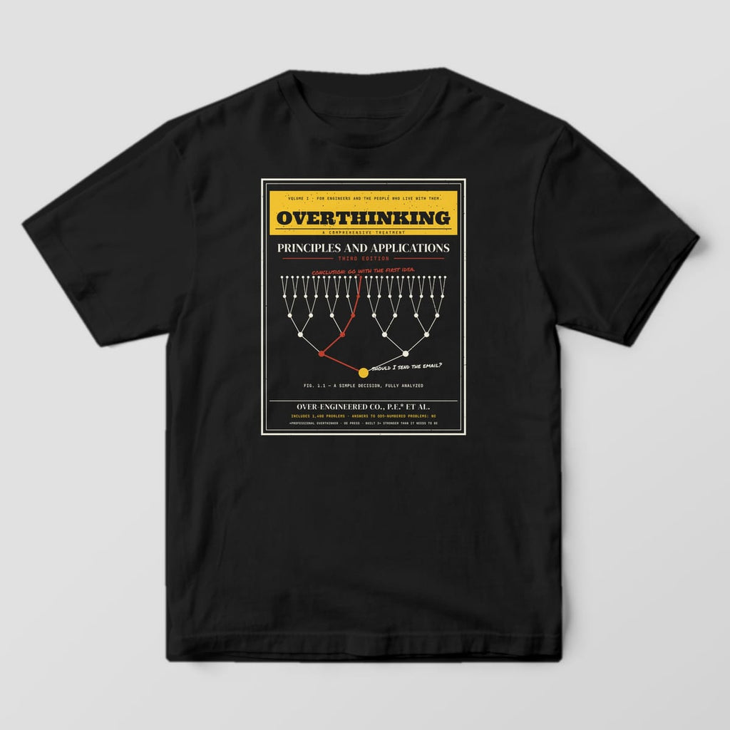 Front of a black Comfort Colors 1717 tee with a full-front vintage textbook cover reading Overthinking: Principles and Applications, Third Edition.