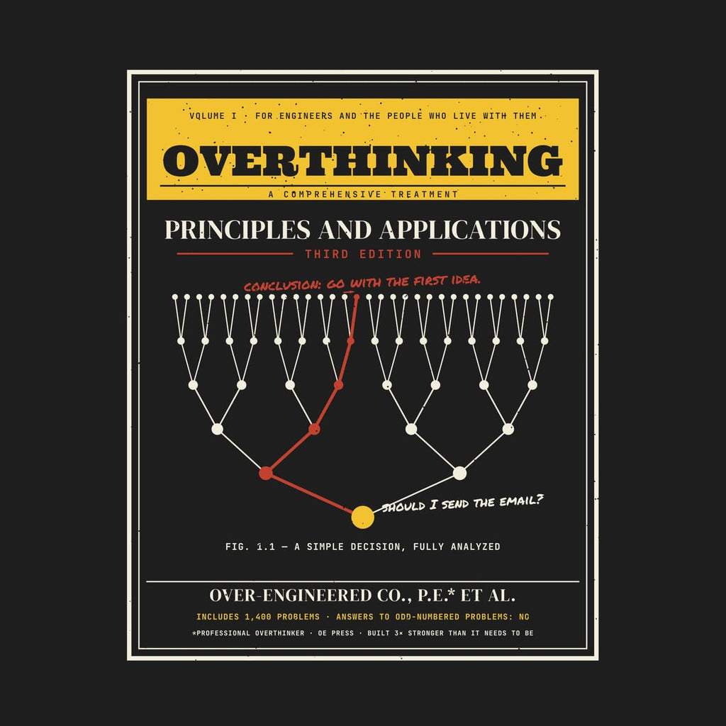 Close-up of the Overthinking Textbook Third Edition artwork showing the yellow title band, the decision tree and the red path to the first idea.