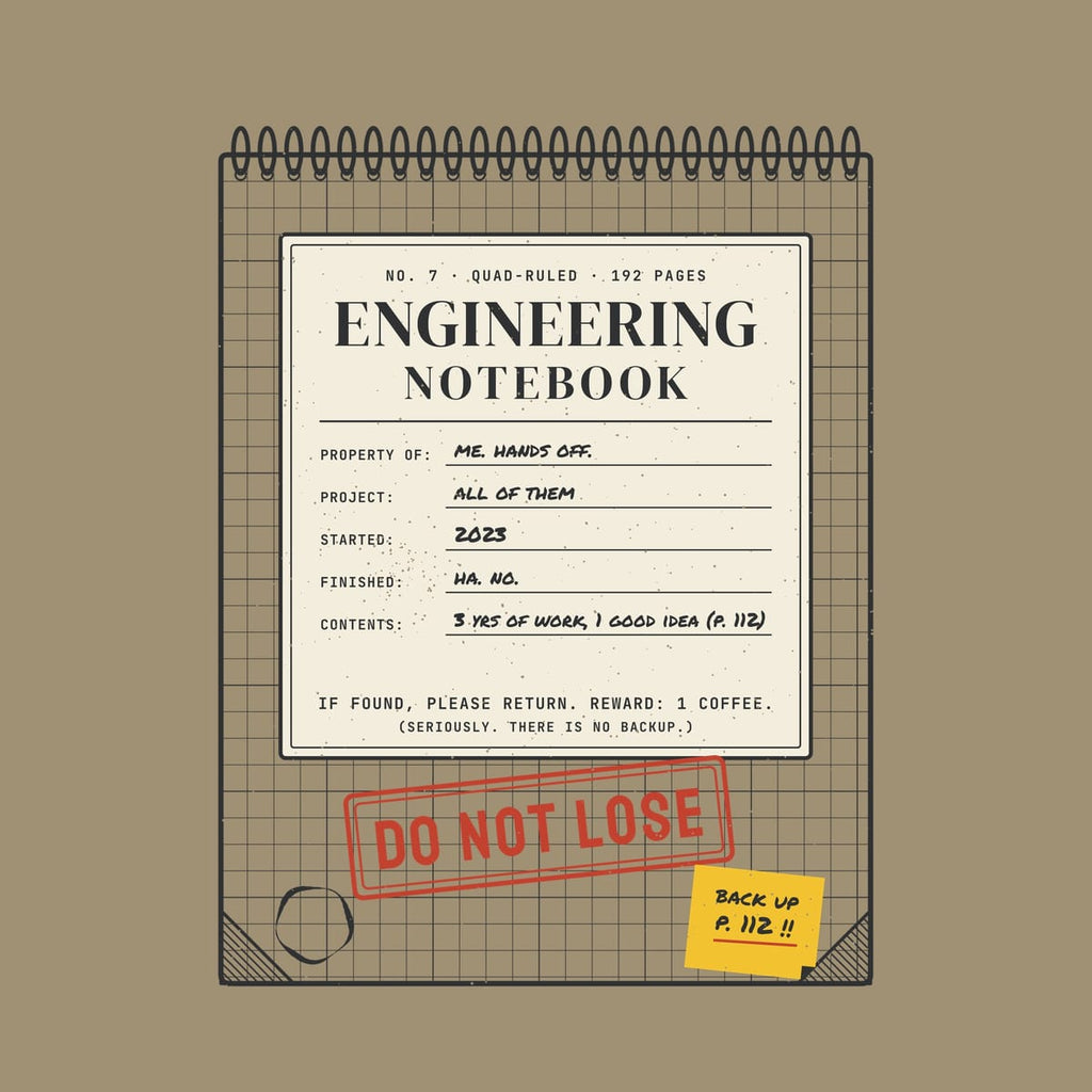 Close-up of the Engineering Notebook Do Not Lose artwork showing the handwritten label fields, the red Do Not Lose stamp and the sticky note.