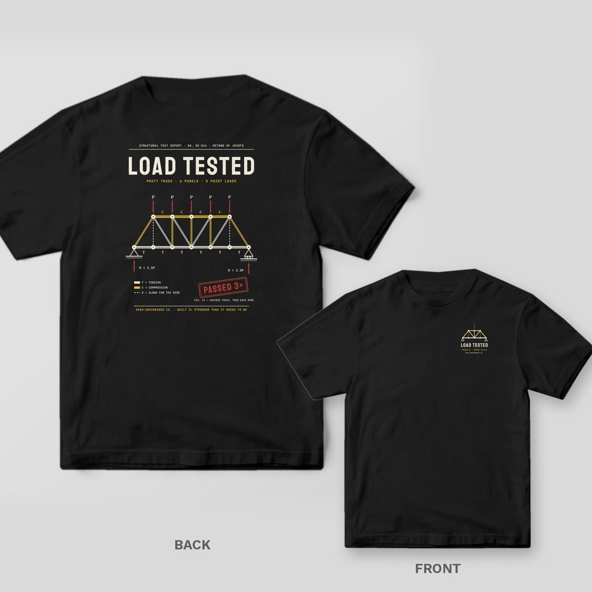 Black tee shown back and front: back has a Pratt truss bridge diagram with loads and reactions under the words Load Tested; front has a small cream and yellow truss icon.
