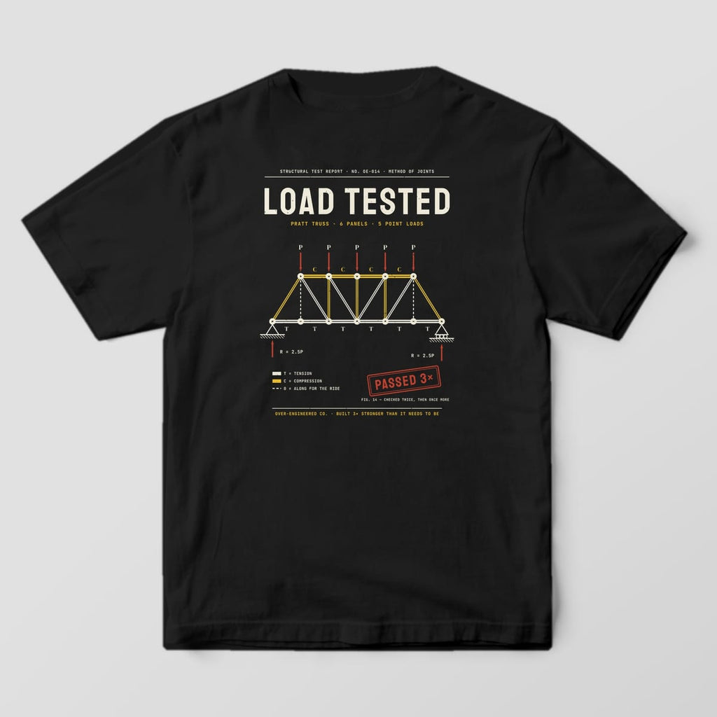 Back of a black Comfort Colors 1717 tee with a Pratt truss bridge diagram with loads and reactions under the words Load Tested.