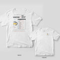 White tee shown back and front: back has a coffee mug drawing beside a conversion table under Coffee to Code, Concrete, Circuits; front has a small coffee mug with code, concrete and circuit icons.
