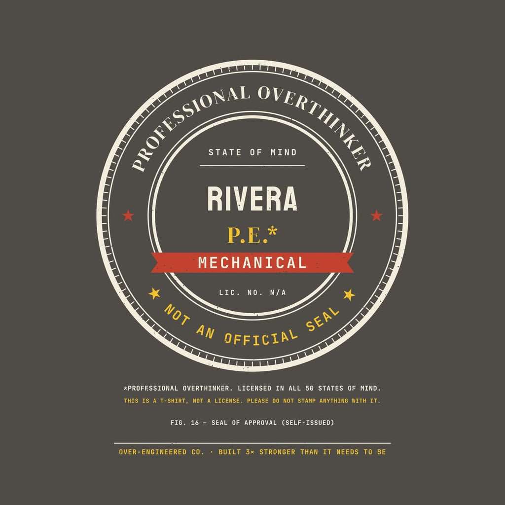 Close-up of the Custom Name P.E. Professional Overthinker Seal artwork showing the seal rings, sample name RIVERA, P.E.* and the red MECHANICAL banner.
