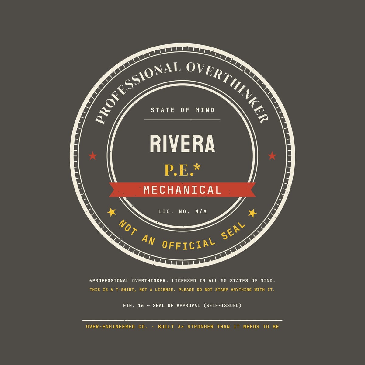 Close-up of the Custom Name P.E. Professional Overthinker Seal artwork showing the seal rings, sample name RIVERA, P.E.* and the red MECHANICAL banner.