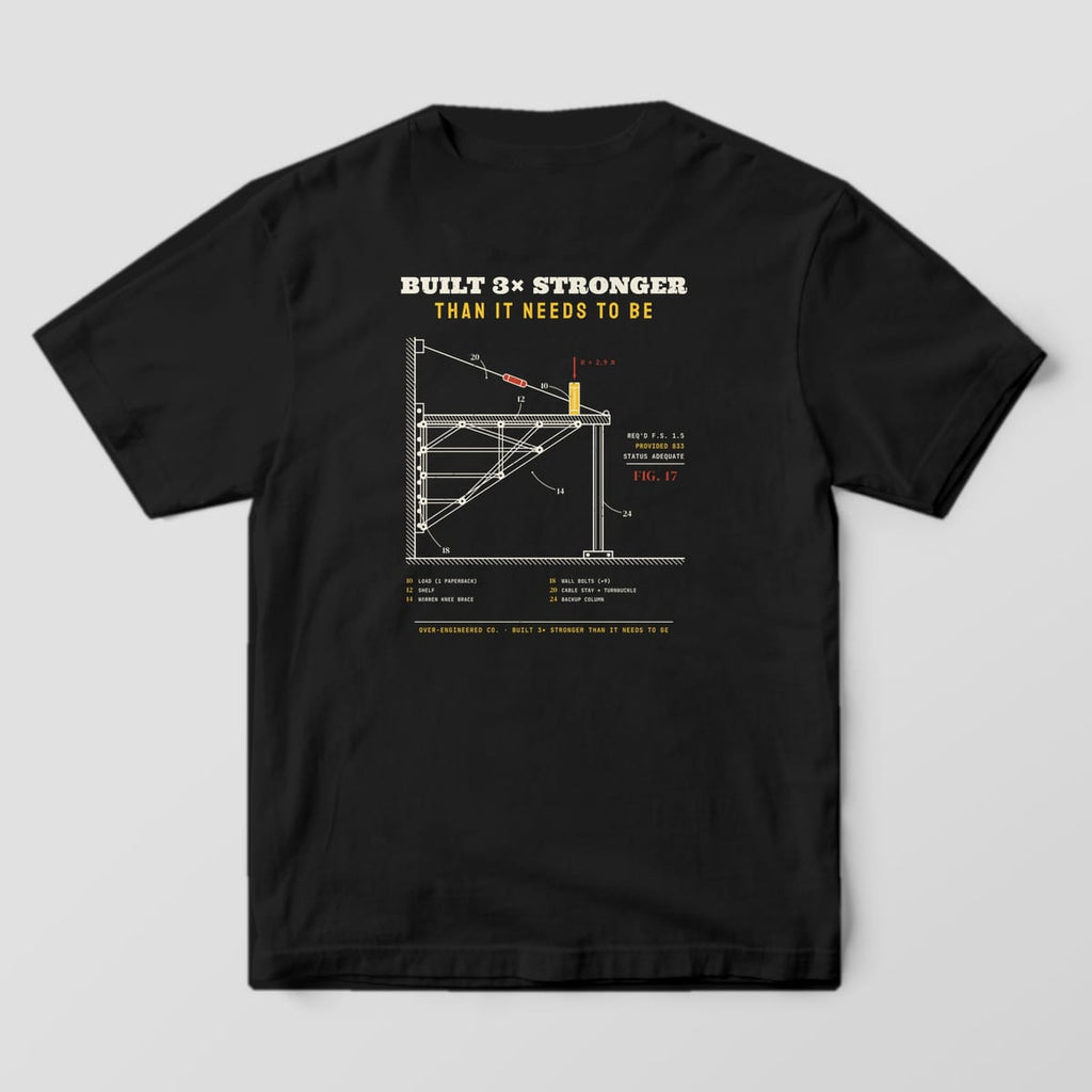 Back of a black Comfort Colors 1717 tee with a patent drawing of a massively over-built shelf holding one paperback under Built 3x Stronger.