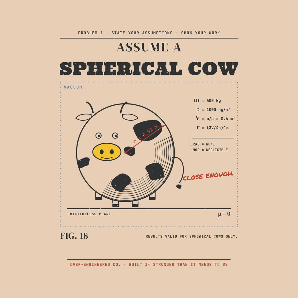 Close-up of the Assume a Spherical Cow artwork showing the engraved shading, cow spots, radius dimension and the givens list.