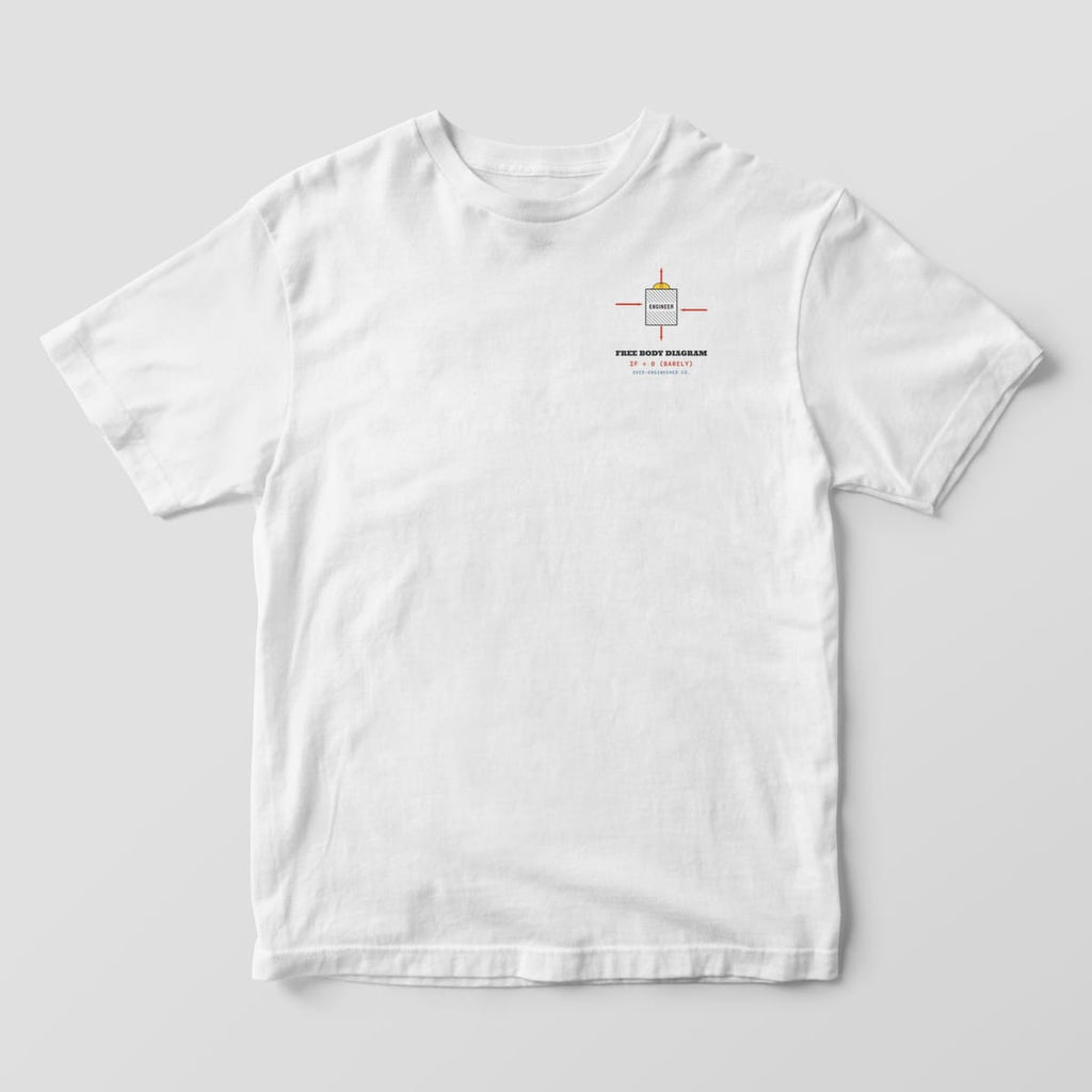 Front of a white Comfort Colors 1717 tee with a small engineer block with force arrows on the left chest.
