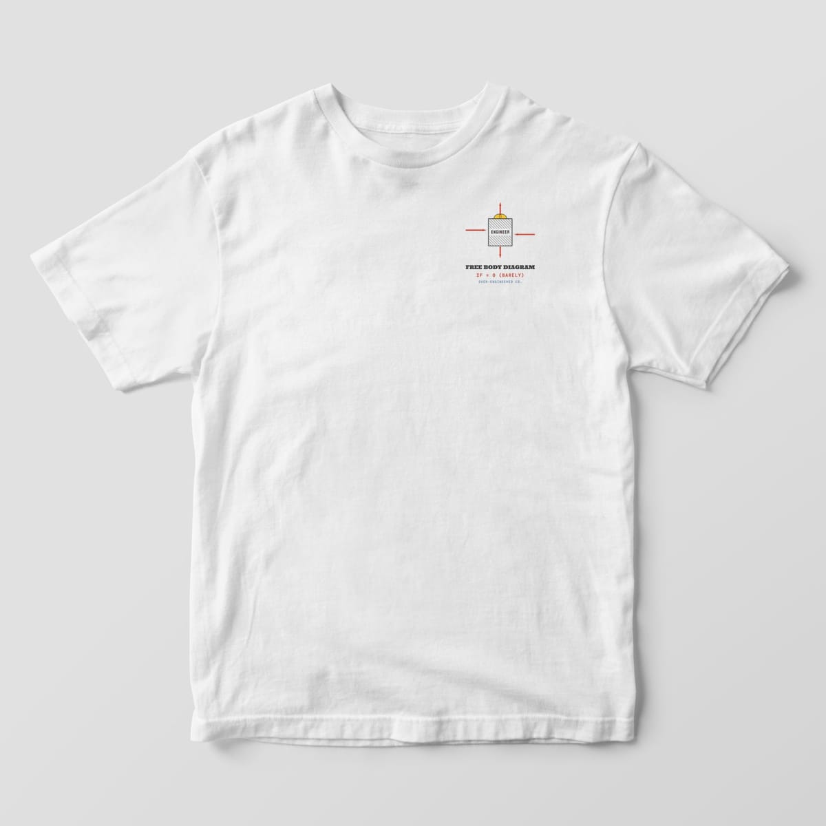 Front of a white Comfort Colors 1717 tee with a small engineer block with force arrows on the left chest.