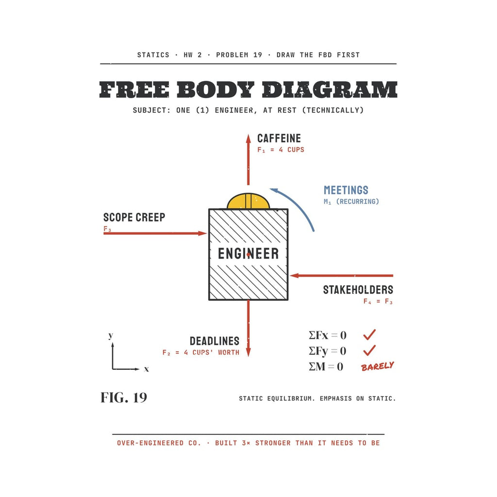 Close-up of the Free Body Diagram of an Engineer artwork showing the force arrows, the meetings moment and the equilibrium equations.