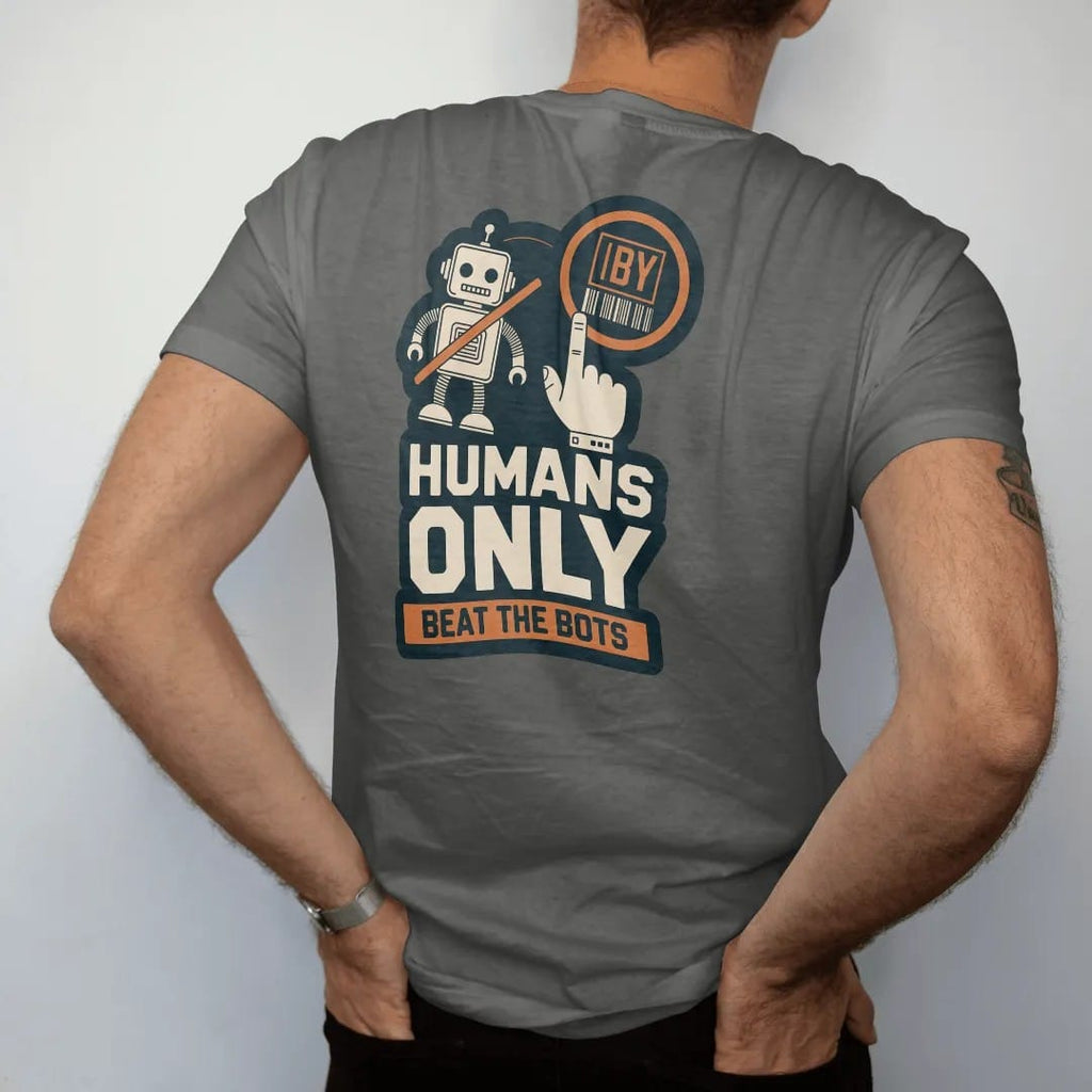 Man wearing a Pepper tee, seen from the back: a crossed-out cartoon robot beside a hand clicking a buy button, labeled Humans Only and Beat The Bots, as a two-ink streetwear graphic in off-white and orange.