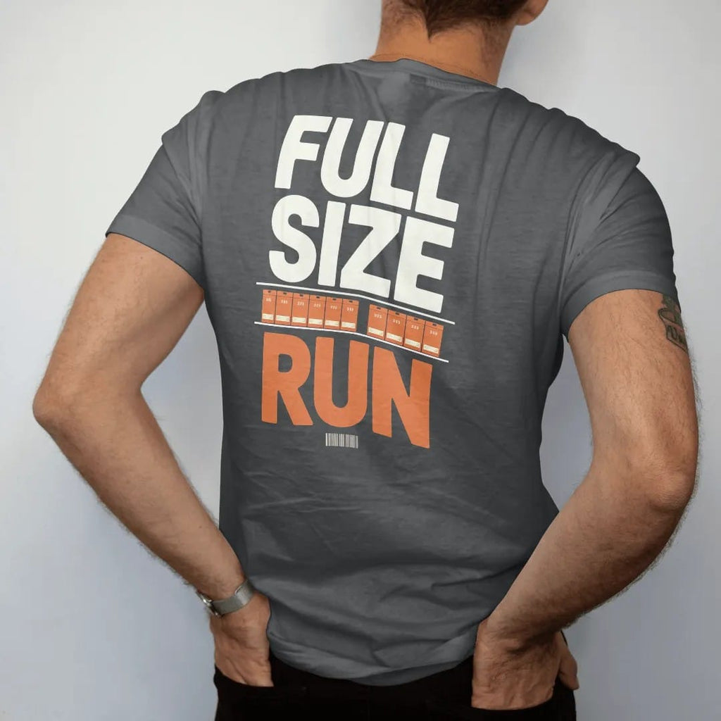 Man wearing a Graphite tee, seen from the back: a long shelf of identical numbered shoeboxes from small to large with Full Size Run above, as a two-ink streetwear graphic in off-white and orange.