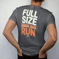 Man wearing a Graphite tee, seen from the back: a long shelf of identical numbered shoeboxes from small to large with Full Size Run above, as a two-ink streetwear graphic in off-white and orange.