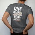 Man wearing a Graphite tee, seen from the back: a sneaker with crossed fingers beside a stack of delivery boxes, labeled One More Pair and a scrawled I Promise, as a two-ink streetwear graphic in off-white and orange.