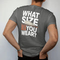 Man wearing a Pepper tee, seen from the back: a shoe-store foot measuring device holding a sneaker under What Size and You Wear?, as a two-ink streetwear graphic in off-white and orange.