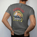 Man wearing a Pepper tee, seen from the back: an orange tabby lounging on a chip rack wearing a security badge, under Bodega Cat and above a Security ribbon, in halftone comic-pop red, yellow and cream.