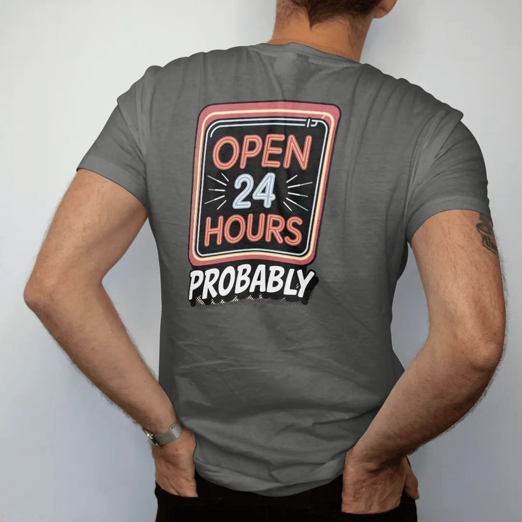 Man wearing a Pepper tee, seen from the back: a glowing neon window sign reading Open 24 Hours with a flickering letter and a taped Probably note, in halftone comic-pop red, yellow and cream.