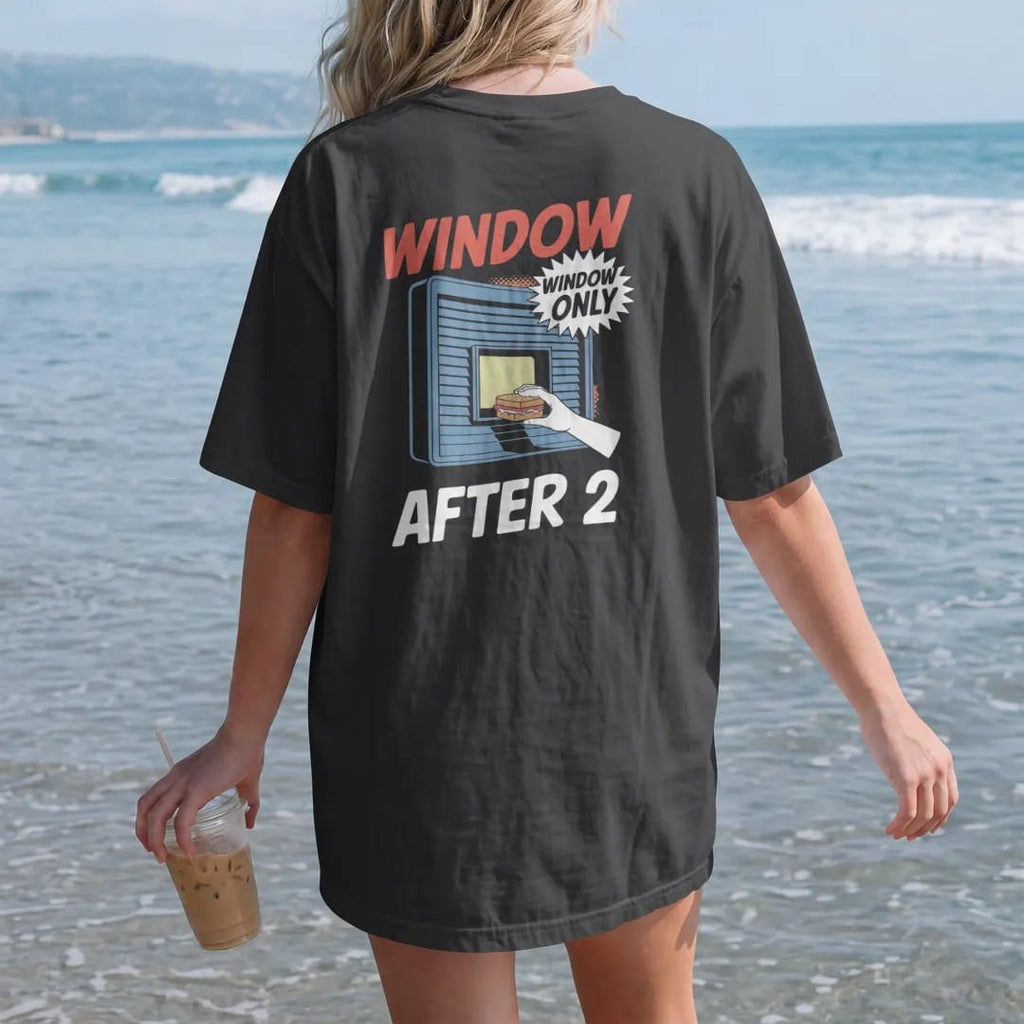 Woman on the beach in a Black tee, back view: a glowing service window in a metal gate with a hand passing out a sandwich, signed Window Only and After 2, in halftone comic-pop red, yellow and cream.