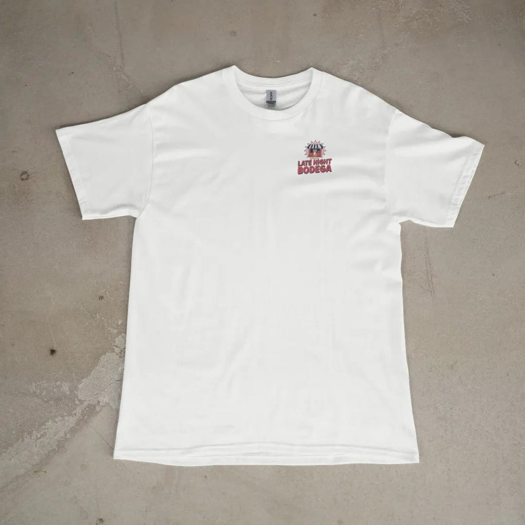 Front of a White tee laid flat, with the small Late Night Bodega logo on the left chest.