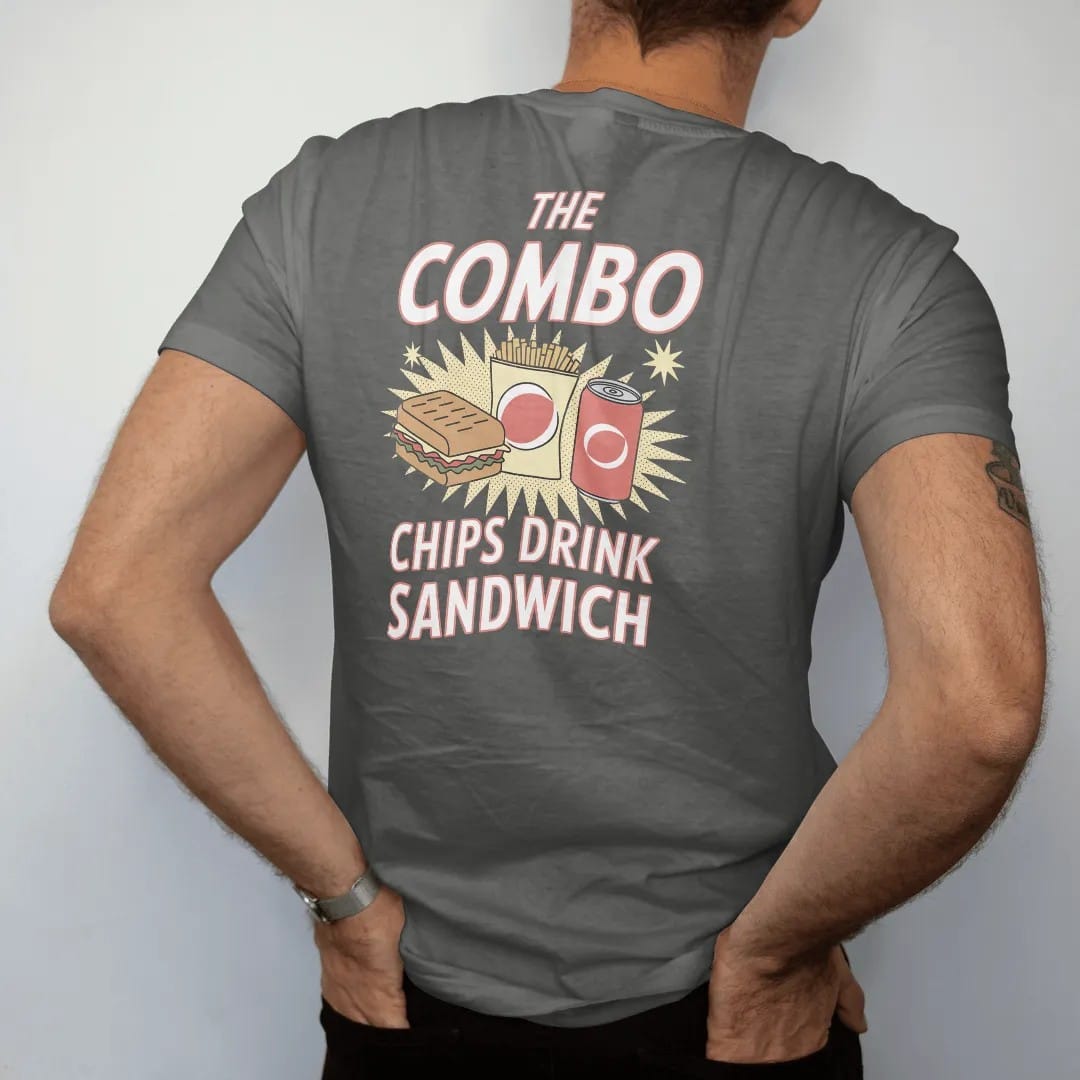 Man wearing a Pepper tee, seen from the back: a sandwich, a bag of chips and a soda can lined up with sparkles under The Combo and Chips Drink Sandwich, in halftone comic-pop red, yellow and cream.