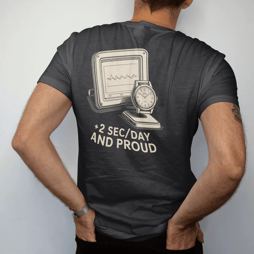 Man wearing a Black tee, seen from the back: a timegrapher screen with a clean wave line beside a watch on a stand, with +2 Sec/Day in digital numerals and And Proud below, as a fine engraving in antique gold and cream.