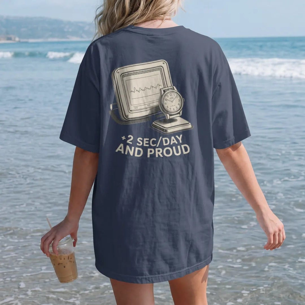 Woman on the beach in a Navy tee, back view: a timegrapher screen with a clean wave line beside a watch on a stand, with +2 Sec/Day in digital numerals and And Proud below, as a fine engraving in antique gold and cream.