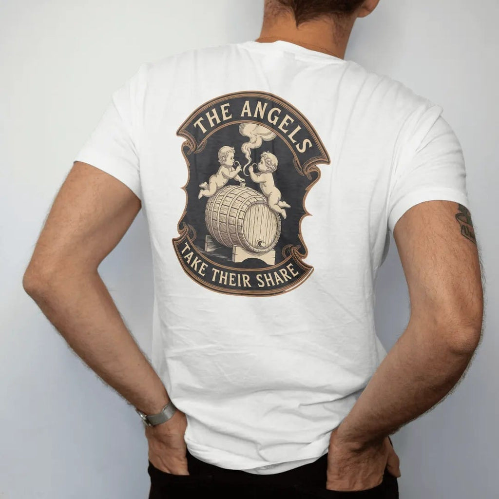 Man wearing a White tee, seen from the back: two engraved cherubs sipping vapor from an oak barrel, with "THE ANGELS" and "TAKE THEIR SHARE" in ornate engraved Didone capitals, printed as a fine engraving in antique gold and warm cream.