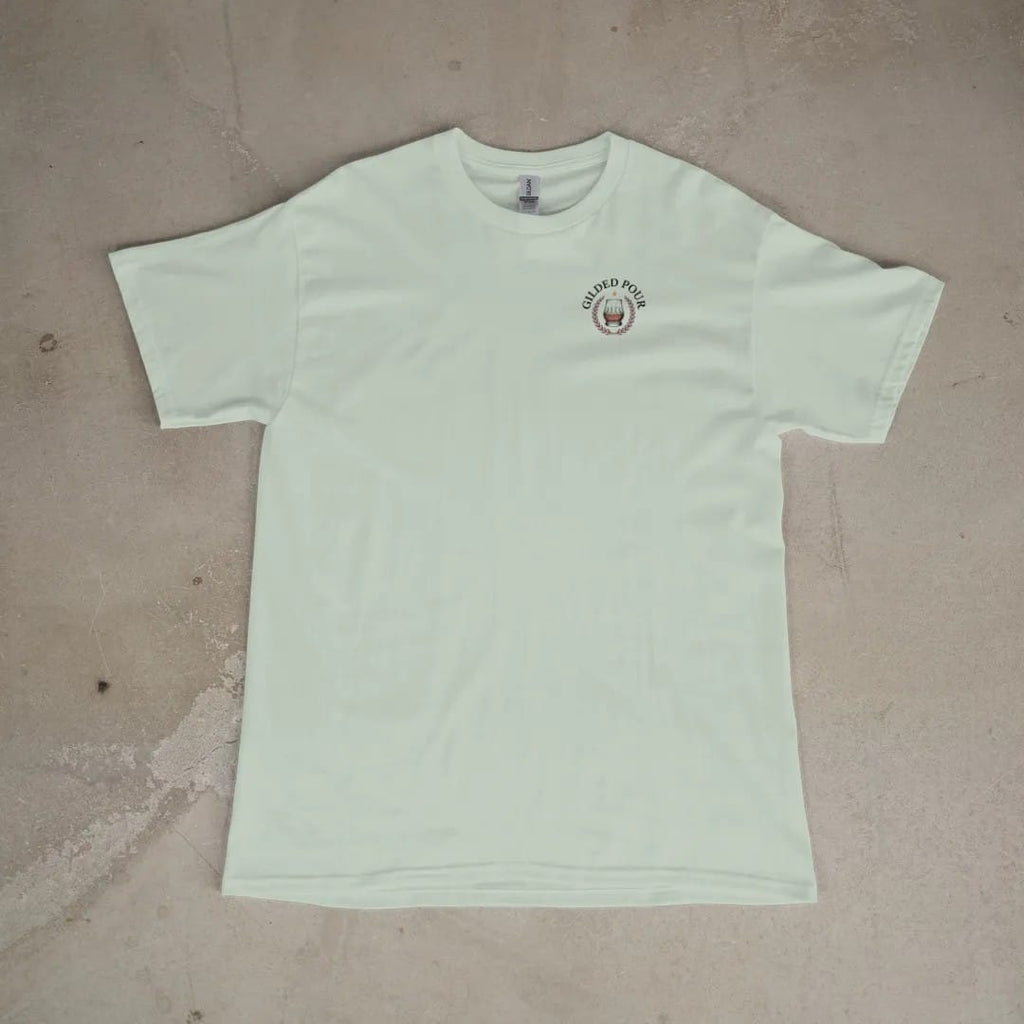 Front of a Bay tee laid flat, with the small Gilded Pour logo on the left chest.