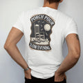 Man wearing a White tee, seen from the back: a rocking chair on a porch with a glass on the armrest under a low moon, with "PORCH POUR" and "SLOW EVENING" in warm Victorian serif capitals, printed as a fine engraving in antique gold and warm cream.