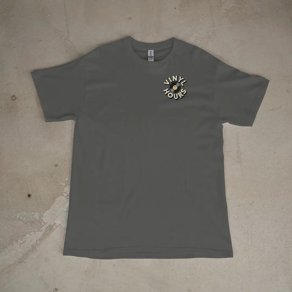 Front of a Pepper tee laid flat, with the small Vinyl Hours logo on the left chest.