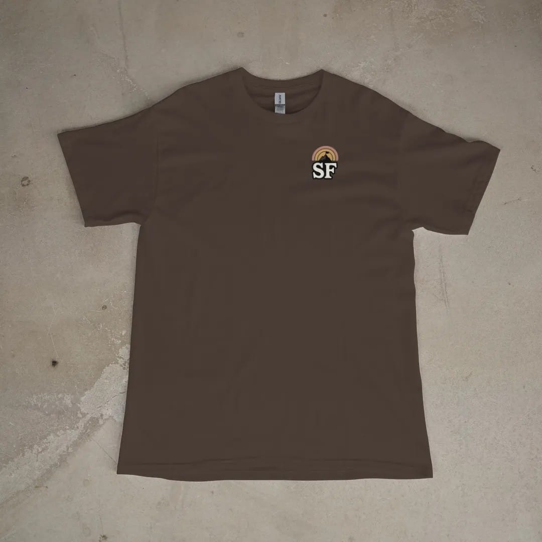 Front of a Espresso tee laid flat, with the small Summit Fever logo on the left chest.