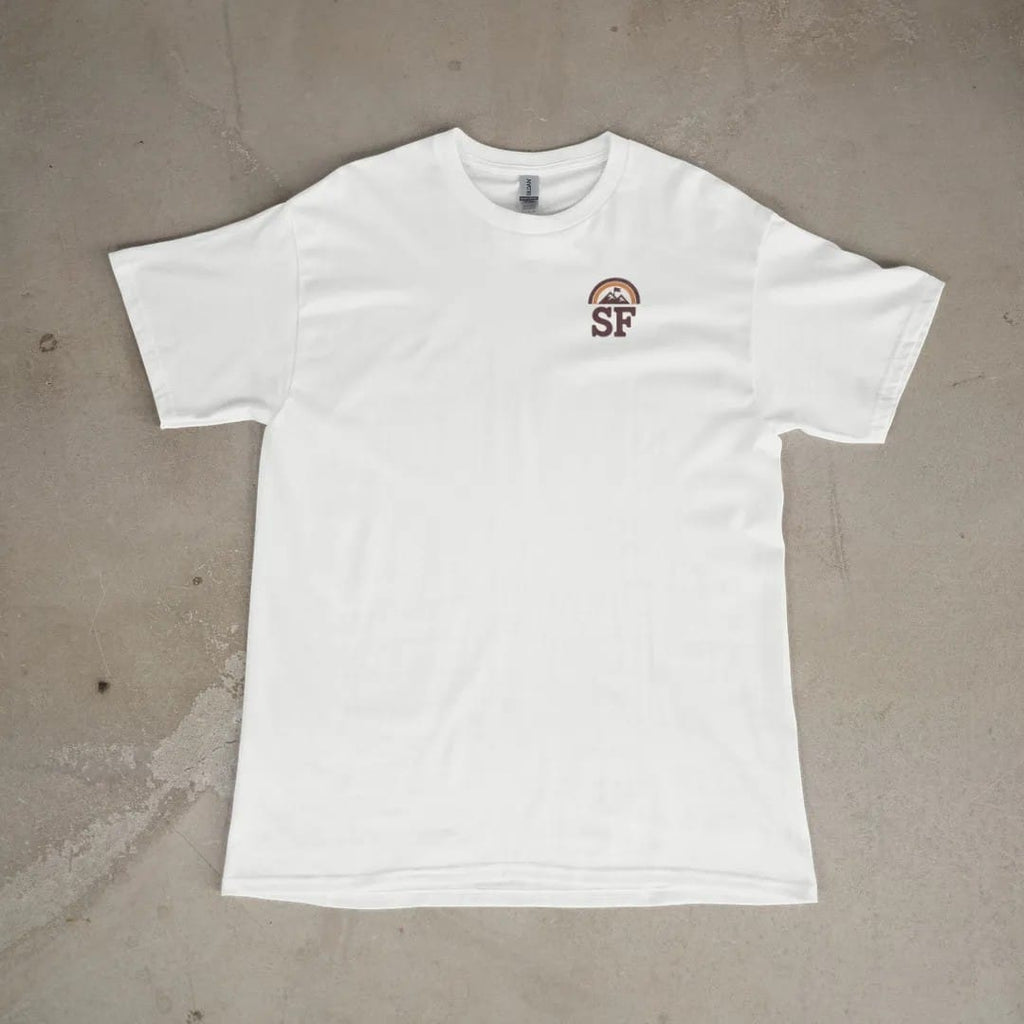 Front of a White tee laid flat, with the small Summit Fever logo on the left chest.