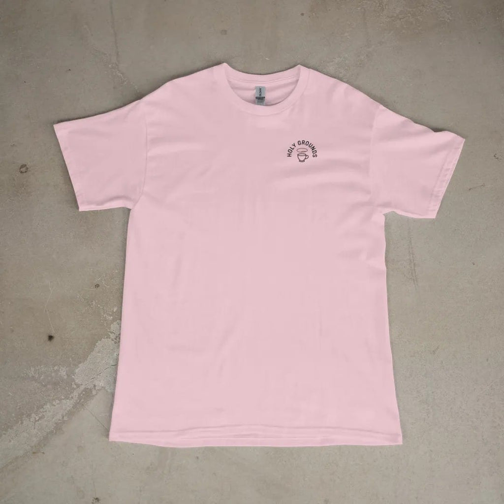Front of a Blossom tee laid flat, with the small Holy Grounds logo on the left chest.