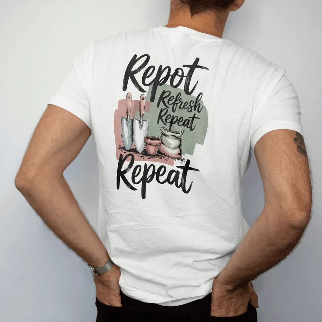 Man wearing a White tee, seen from the back: a trowel, a small pot and a bag of soil, "REPOT", "REFRESH" and "REPEAT" stacked in loose brush script beside them, painted in loose watercolor and ink with soft deep green, terracotta, soil brown and…