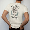 Man wearing a Ivory tee, seen from the back: back print: A hand fanning out three face-down tarot cards with star-patterned backs, stacked text "I'LL PULL", "A CARD" and "FOR YOU" arranged around the fan, detailed vintage etching, fine…