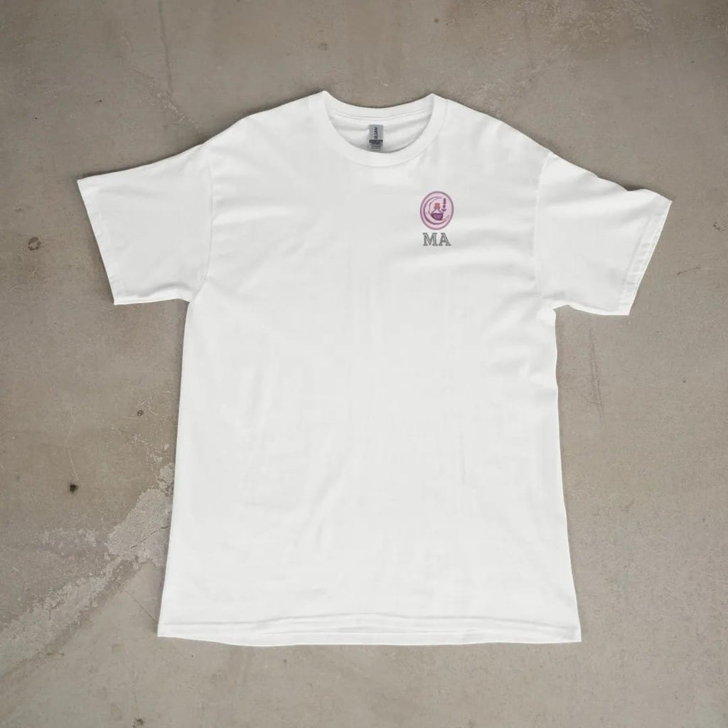 Front of a White tee laid flat, with the small Midnight Apothecary logo on the left chest.