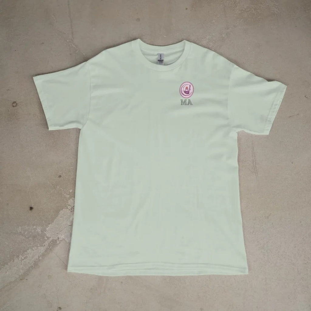 Front of a Bay tee laid flat, with the small Midnight Apothecary logo on the left chest.