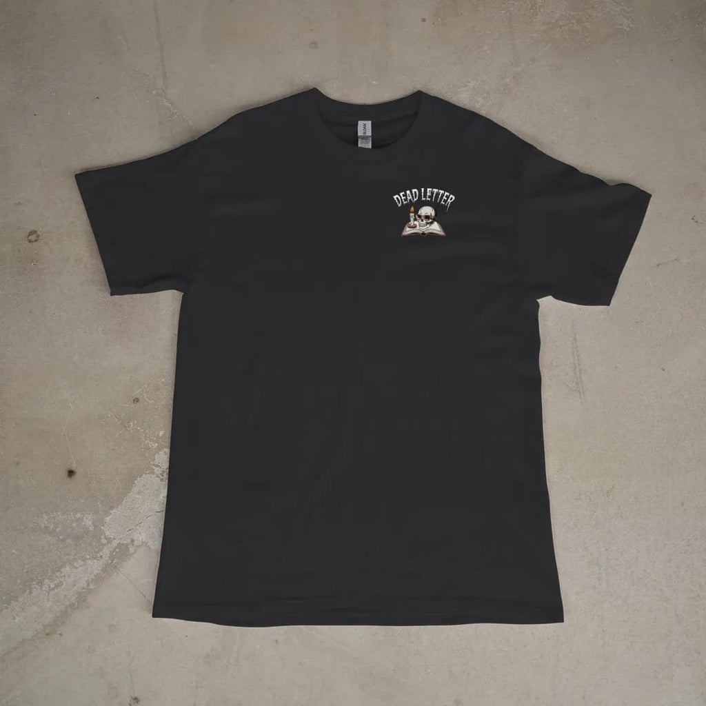 Front of a Black tee laid flat, with the small Dead Letter Book Club logo on the left chest.