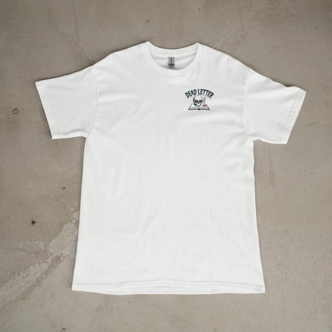 Front of a White tee laid flat, with the small Dead Letter Book Club logo on the left chest.