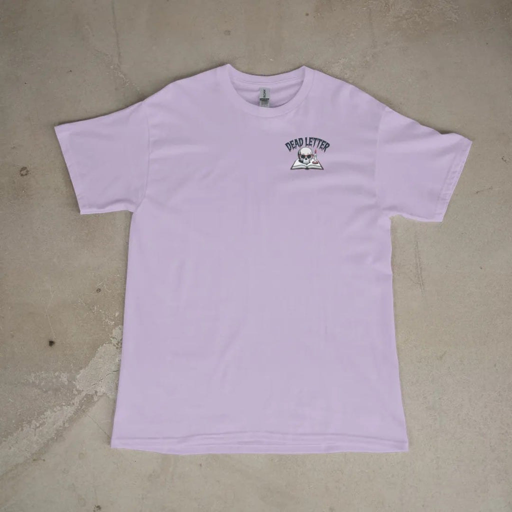 Front of a Orchid tee laid flat, with the small Dead Letter Book Club logo on the left chest.