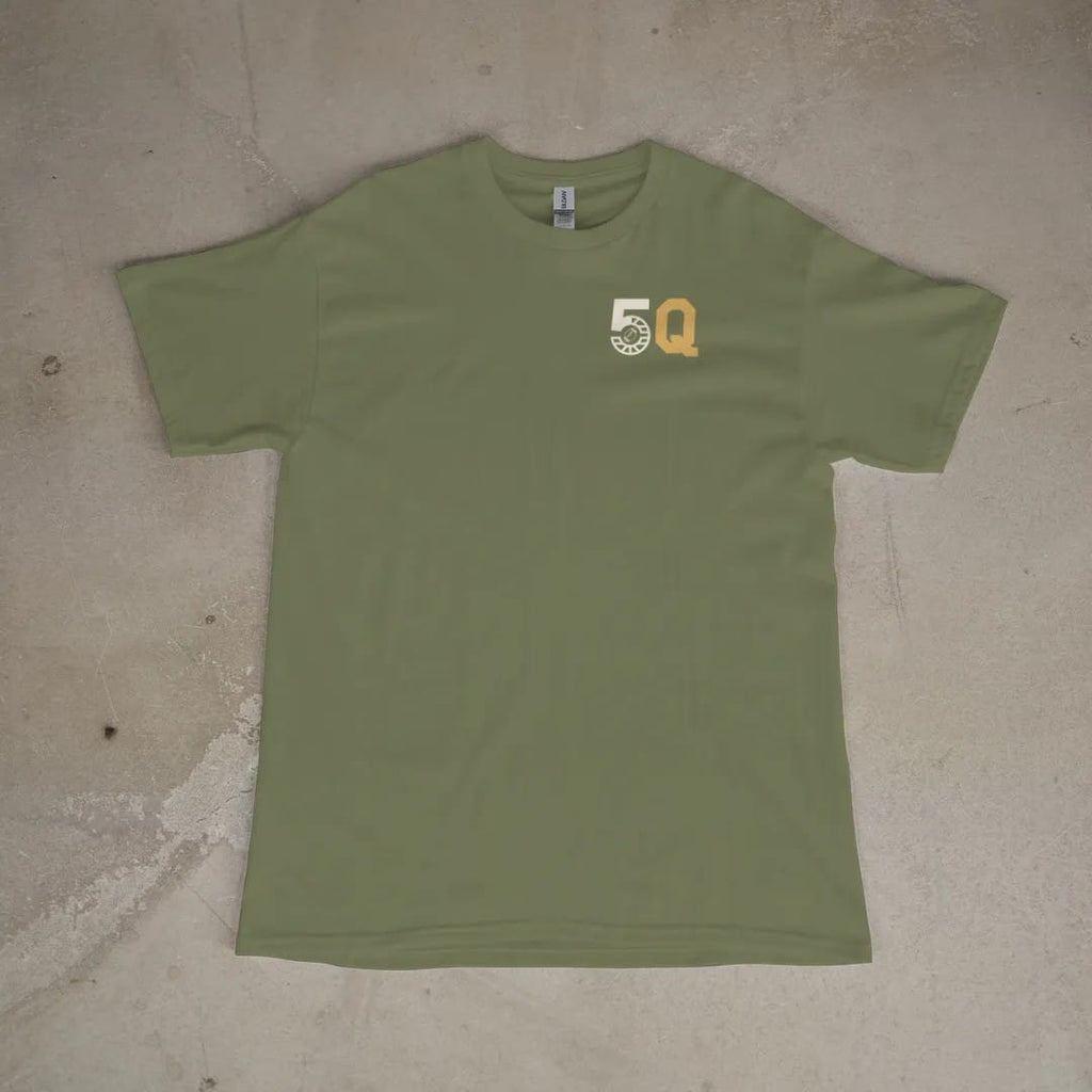 Front of a Moss tee laid flat, with the small Fifth Quarter Tailgate logo on the left chest.