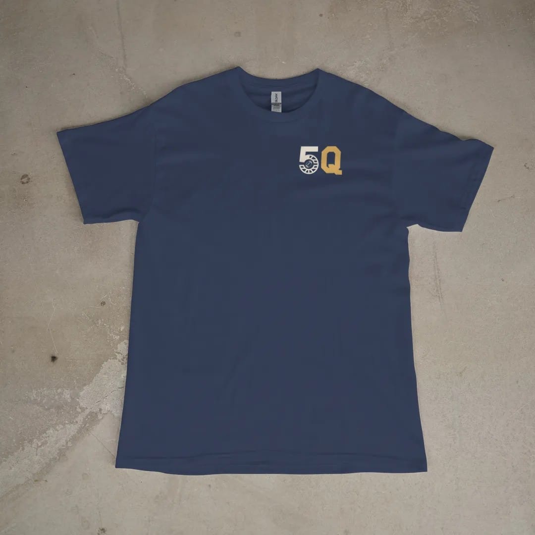 Front of a Navy tee laid flat, with the small Fifth Quarter Tailgate logo on the left chest.