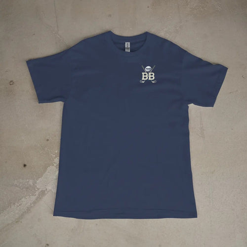 Front of a Navy tee laid flat, with the small Bogey Bandits logo on the left chest.