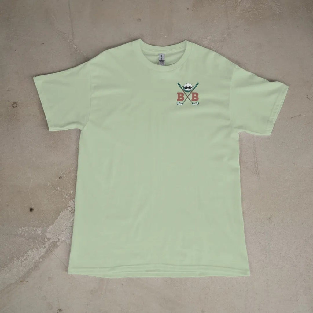 Front of a Light Green tee laid flat, with the small Bogey Bandits logo on the left chest.