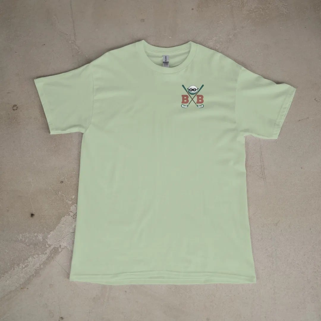 Front of a Light Green tee laid flat, with the small Bogey Bandits logo on the left chest.