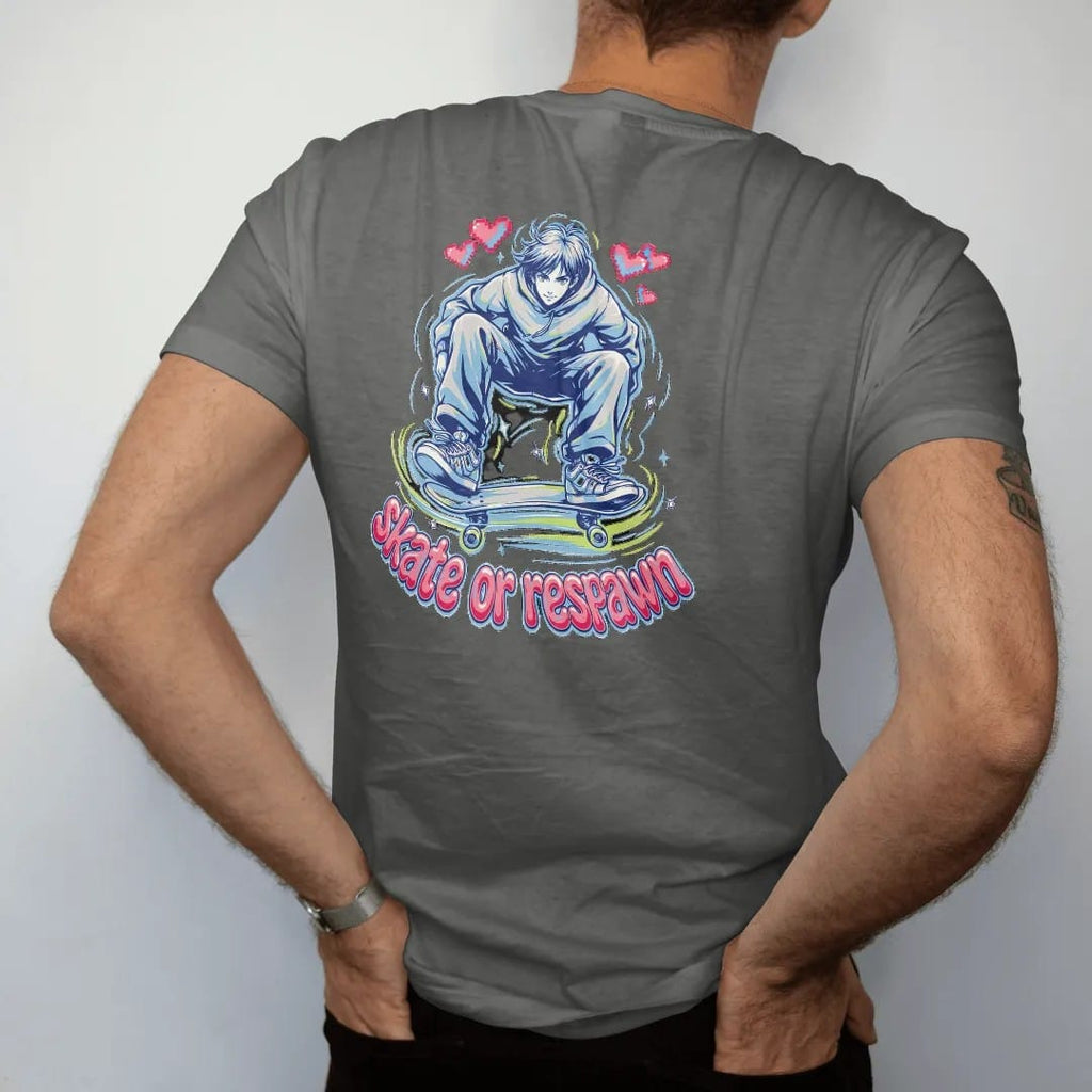 Man wearing a Pepper tee, seen from the back: an anime-style skater mid-kickflip under three pixel hearts with motion trails, above skate or respawn in pink, lime and blue puff-style letters.