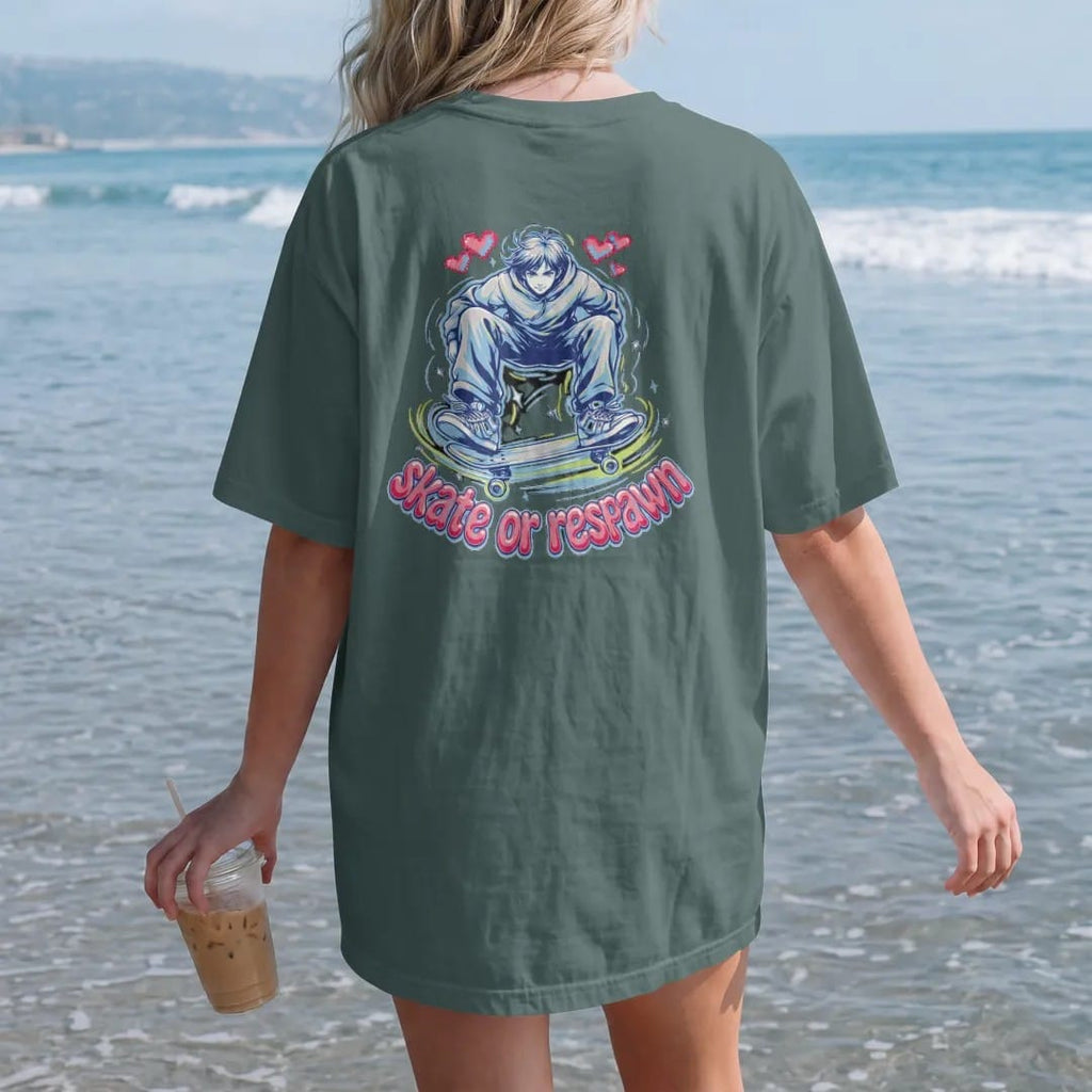 Woman on the beach in a Blue Spruce tee, back view: an anime-style skater mid-kickflip under three pixel hearts with motion trails, above skate or respawn in pink, lime and blue puff-style letters.
