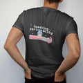 Man wearing a Black tee, seen from the back: a nearly full pixel loading bar reading 99% with a sleepy anime-style kid peeking over it, under loading personality in pink, lime and blue pixel letters.