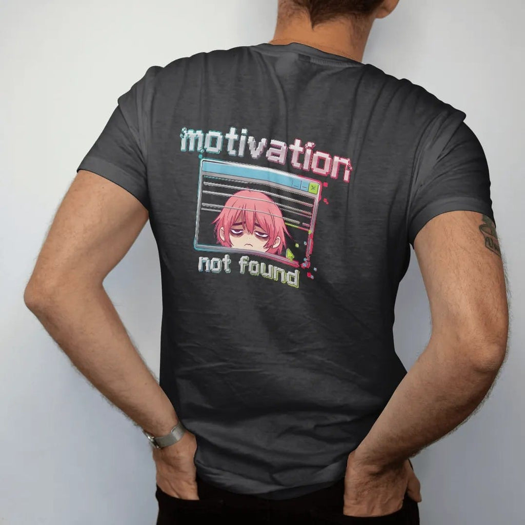Man wearing a Black tee, seen from the back: a glitching retro pop-up window with a tired anime-style face peeking out, under motivation in glitch pixel letters with not found below, in lime, pink, blue and silver.