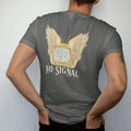 Man wearing a Pepper tee, seen from the back: a vintage cabinet television with angel wings and a screen full of static, above No Signal in widely spaced fashion serif capitals, in bone cream, chrome silver and antique gold.